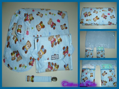 Um conjunto composto por um muda fraldas, uma bolsa para documentos, um babete e um porta-chucha. lindo e pratico para as mamas ou para oferta.